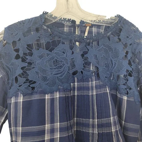 Free People Womens Size Small Blue Plaid Darling Diana Long Sleeve Shirt - Picture 2 of 10